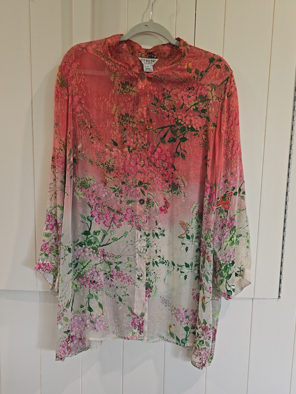 Citron Sheer Floral Ombre Button-Up Top - Pink & Cream